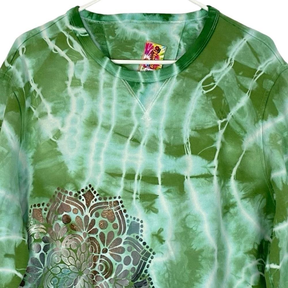 Handmade Tie Dye Sweatshirt Pullover Womens XL Green Hand Painted Floral Mandala - Picture 3 of 12